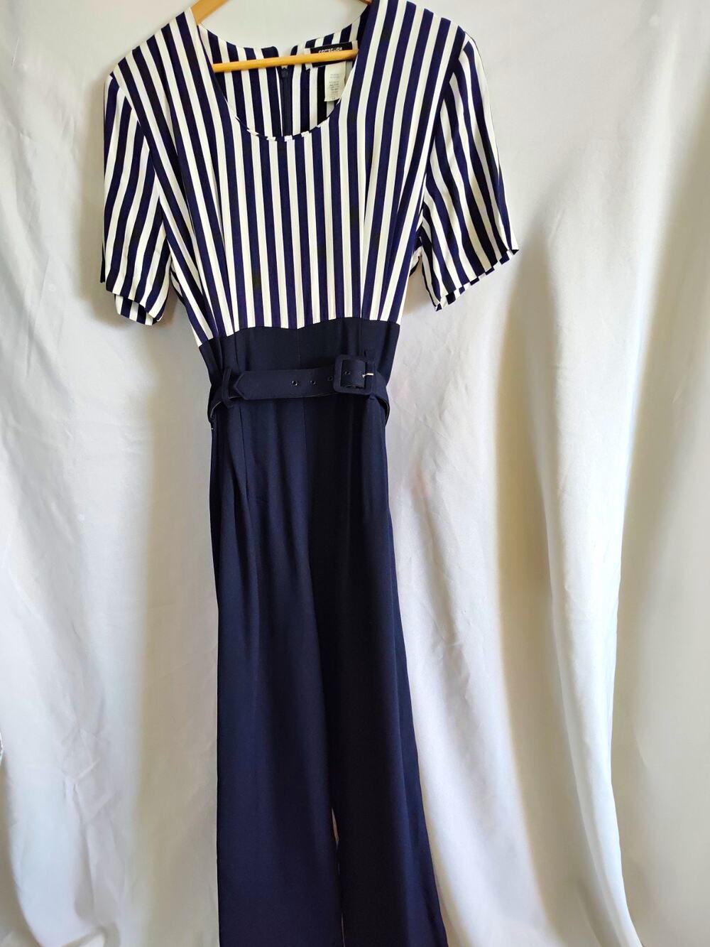 Lew Magram Collection Women’s Navy/White Striped Scoop Neck Wide-Leg Jumpsuit 10